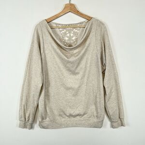 Mystree Oat Heather Lace Panel Cowl Neck Sweatshirt Shirt Top Women's Large